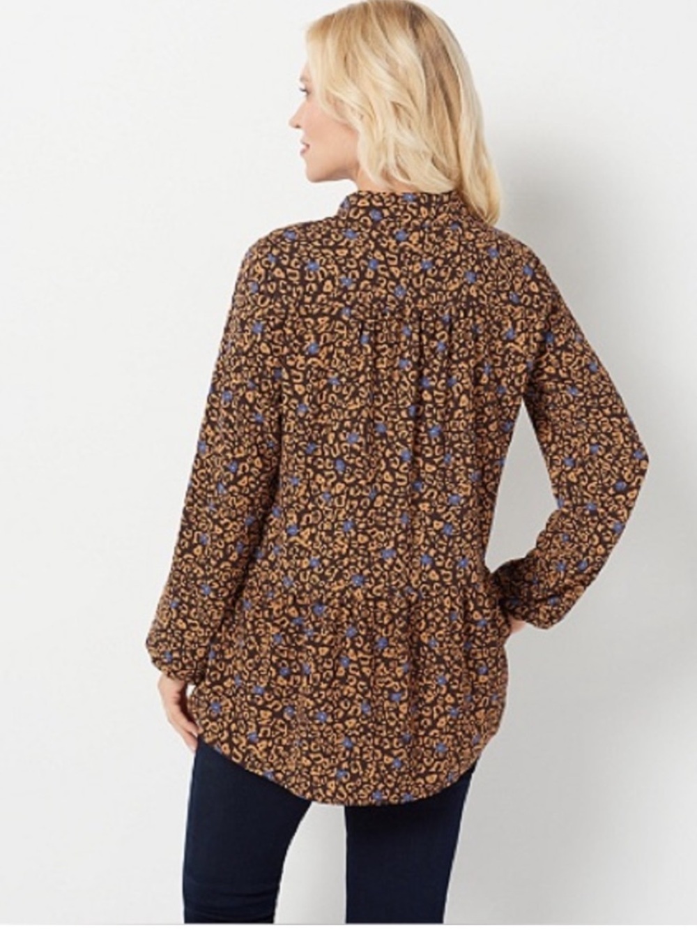 LOGO Lori Goldstein Leopard Floral Print Button Front Swing Tunic Blouse Large - Picture 10 of 12